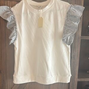 JODIFL White Top with Striped Ruffle Sleeves